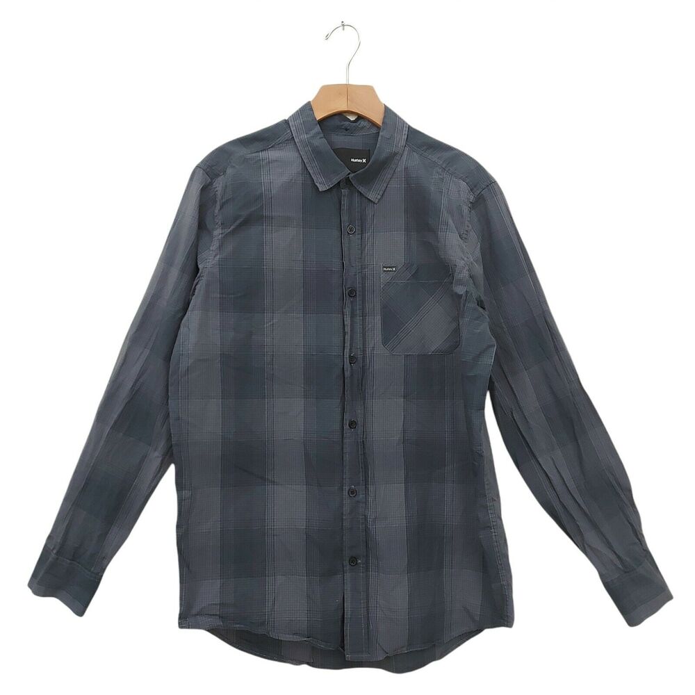 Hurley Shirt Mens Medium Blue Plaid Long Sleeve Button Up Cotton Preppy Casual